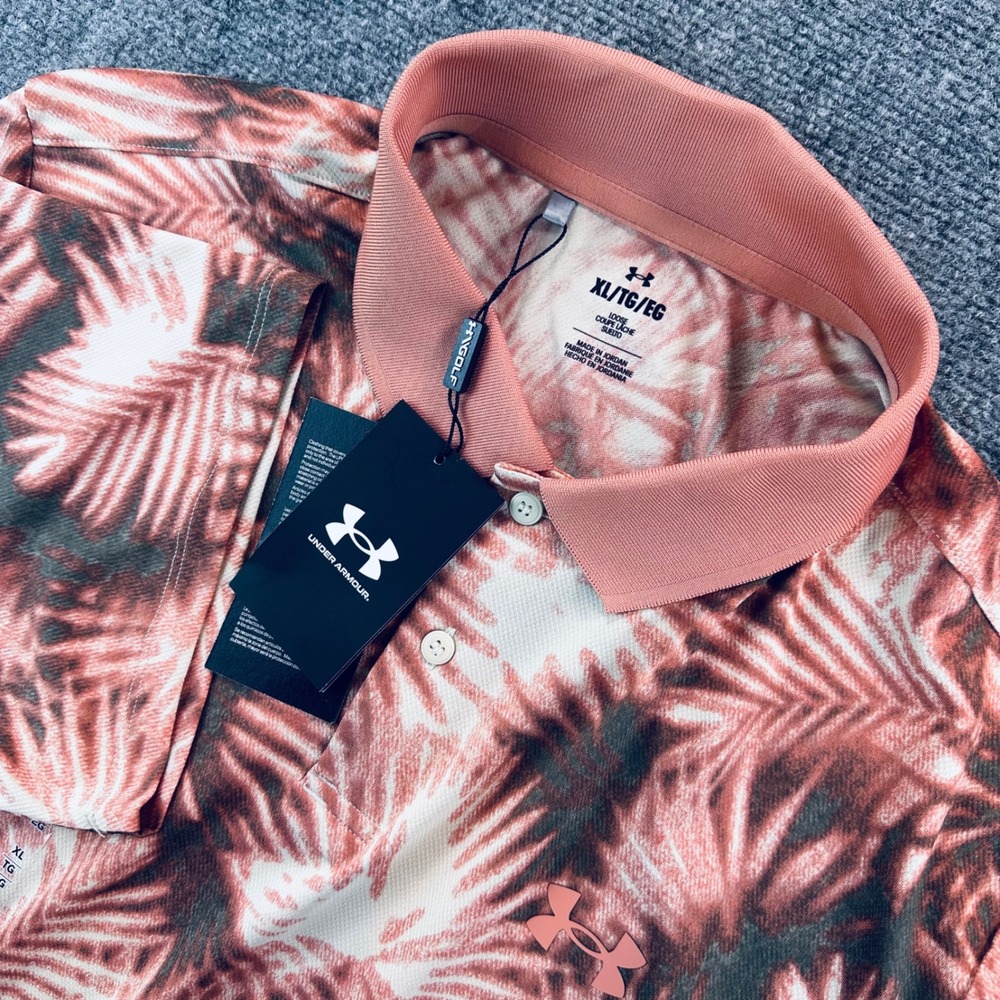 Under Armour Mens XL Matchplay Printed Polo Shirt Coral Palm Tropical 1377377